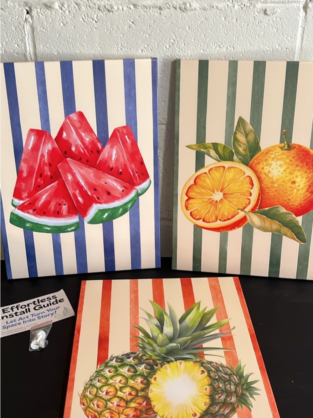 Fresh Fruit Canvas Wall Art Trio - Watermelon, Orange, Pineapple-NEW